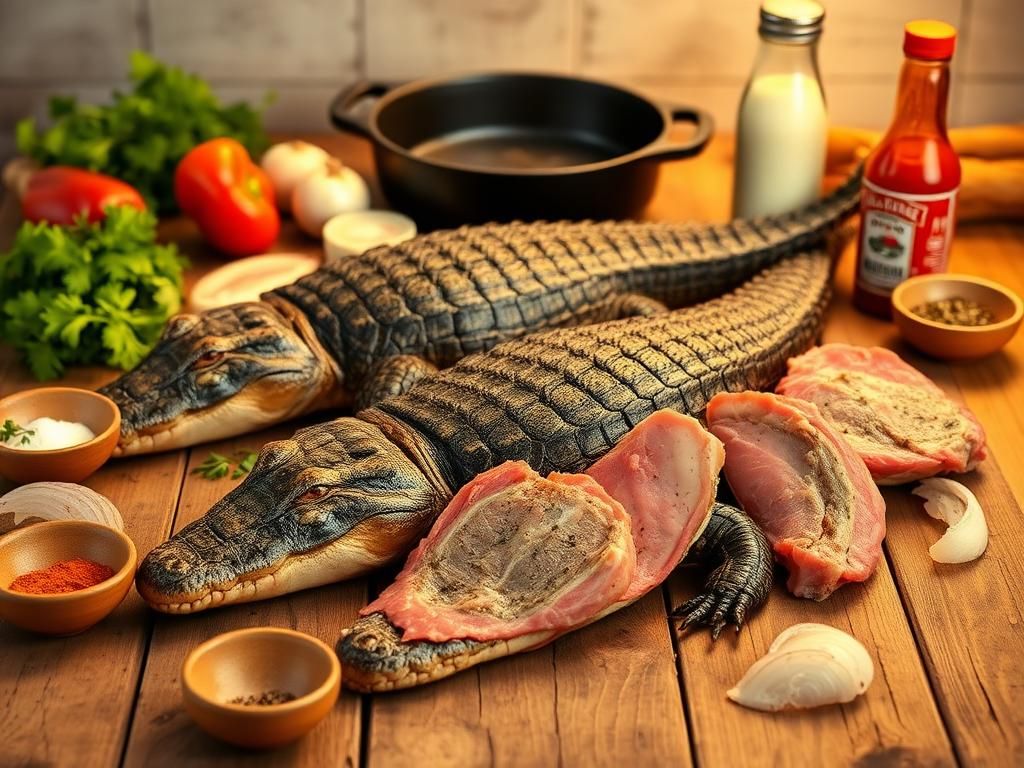 Flick International Fresh alligator meat arranged on a rustic wooden table with kitchen elements