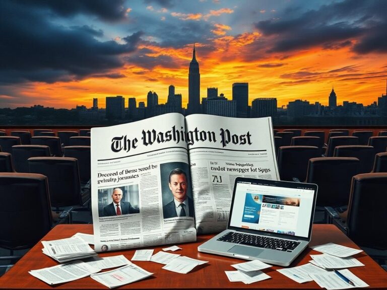 Flick International Conceptual collage of a distressed newspaper office environment with an open Washington Post featuring headlines about Jeff Bezos.