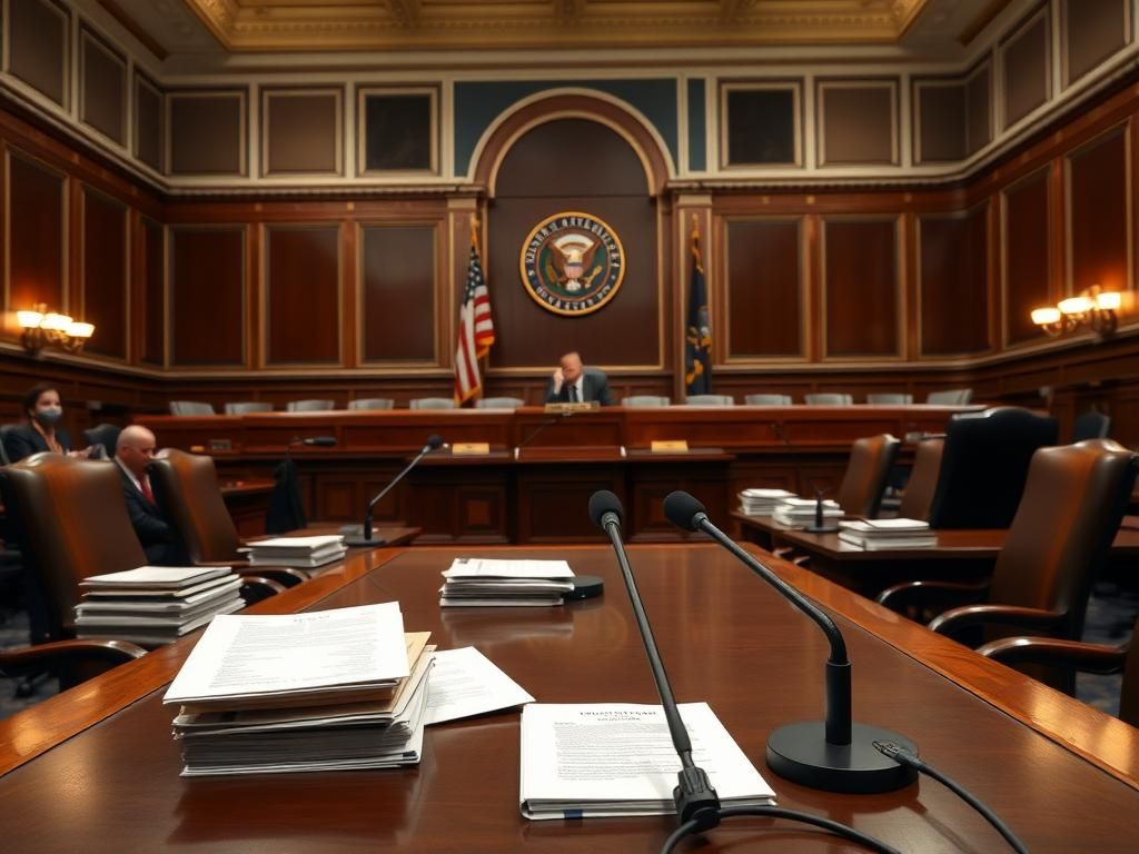 Flick International Interior view of a Senate hearing room with polished wooden tables and high-backed chairs