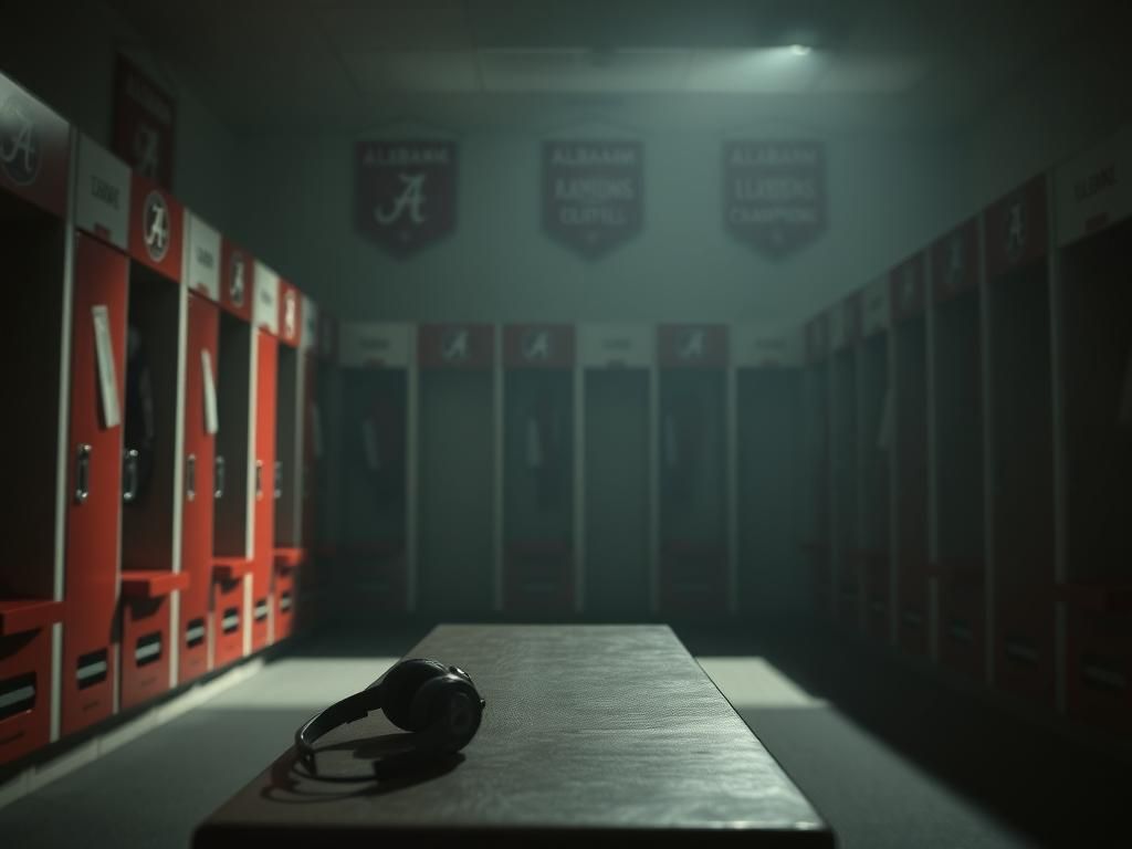 Flick International Empty football locker room with Alabama Crimson Tide memorabilia and abandoned headset