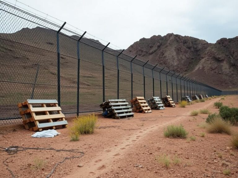 Flick International Rugged U.S.-Mexico border section with a partially constructed fence and gaps patched with barbed wire