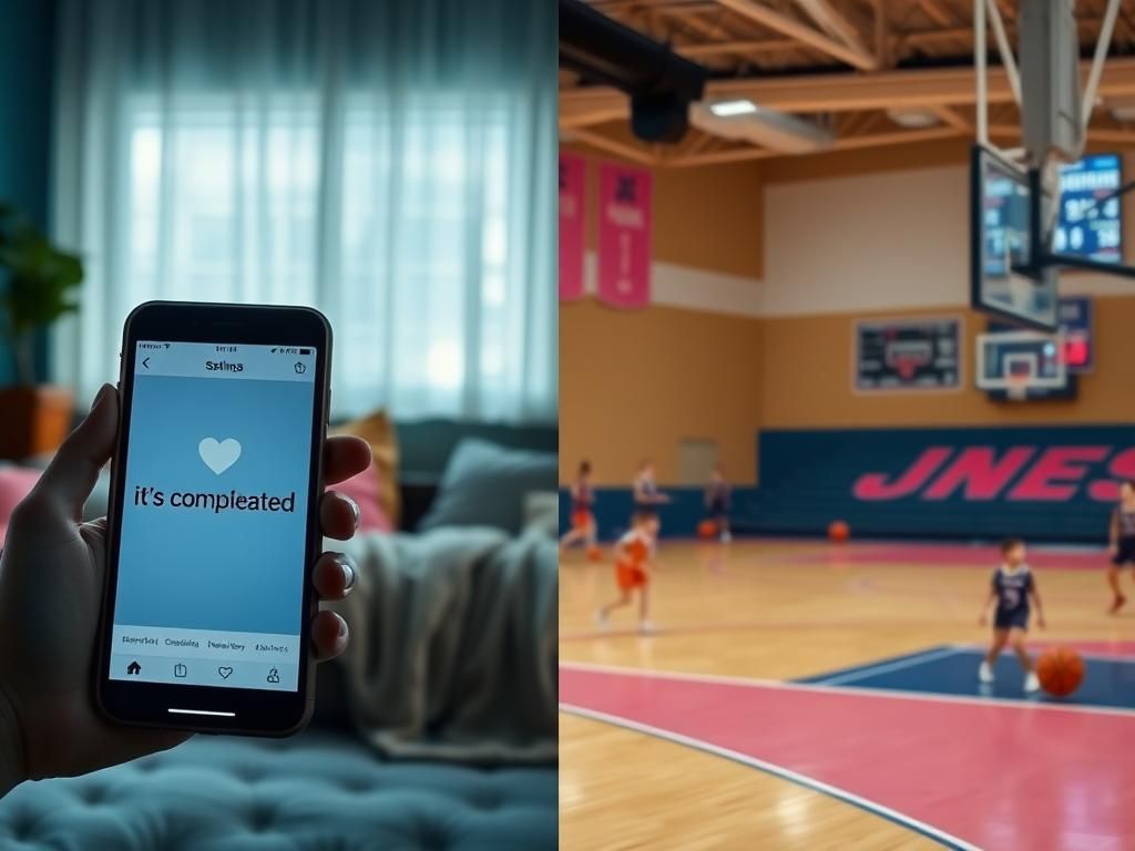 Flick International Split-screen image depicting contrasting emotions of heartbreak and empowerment with a smartphone and a basketball court.