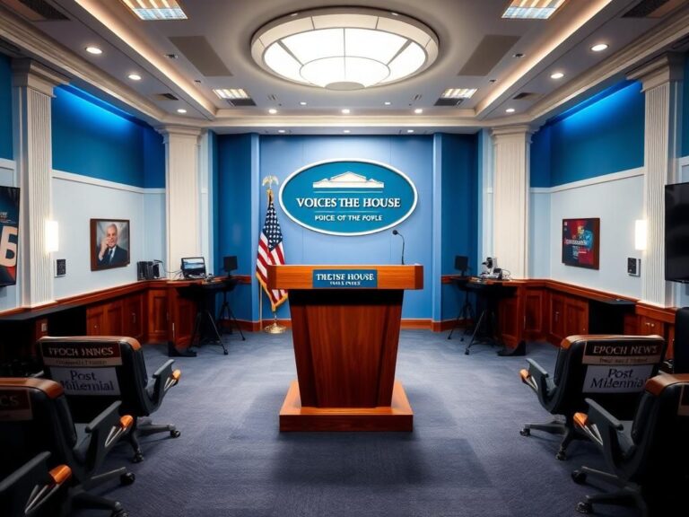 Flick International A modern White House press briefing room featuring a polished podium and diverse media outlet logos.