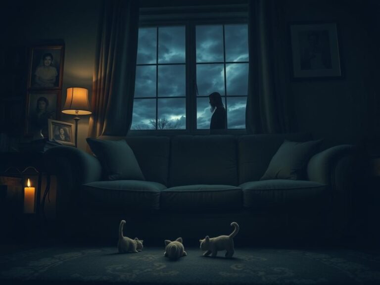 Flick International Dark, moody living room with a flickering candle and abandoned cat toy