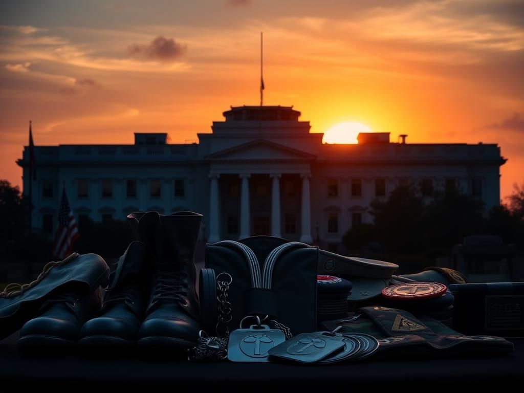 Flick International A stark silhouette of the Pentagon at sunset with military uniforms and gear in the foreground