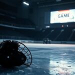 Flick International A fallen hockey helmet on the ice with a stretcher in the background after a player hospitalization incident