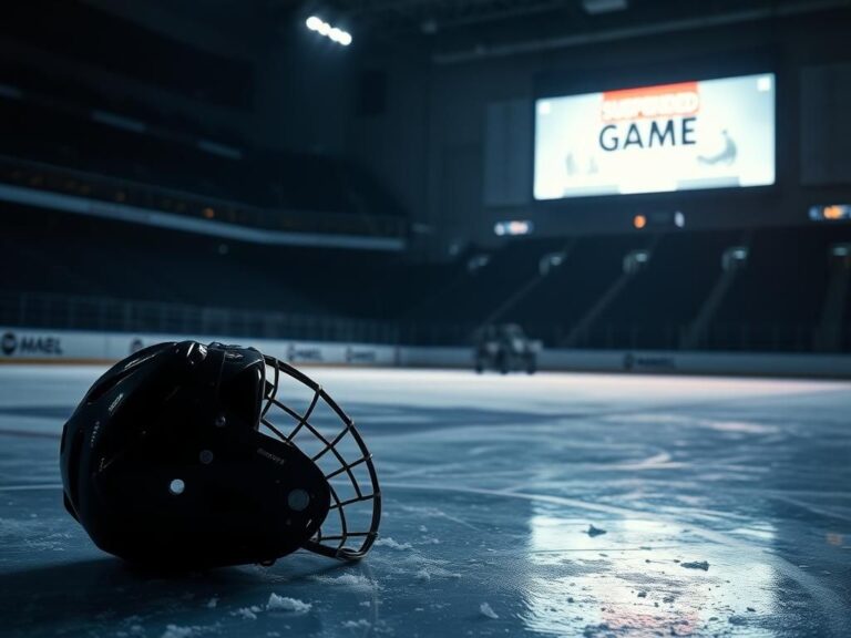 Flick International A fallen hockey helmet on the ice with a stretcher in the background after a player hospitalization incident