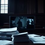 Flick International Courtroom scene with a shattered video monitor symbolizing legal controversy