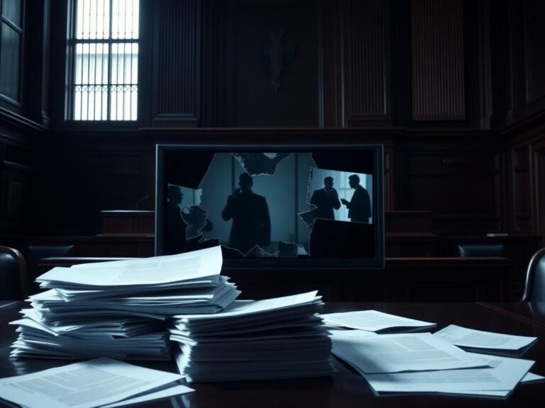 Flick International Courtroom scene with a shattered video monitor symbolizing legal controversy