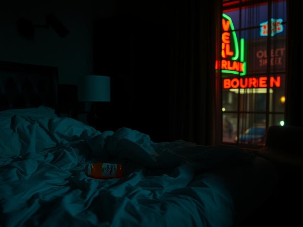 Flick International Dimly lit hotel room with crumpled sheets and prescription bottle