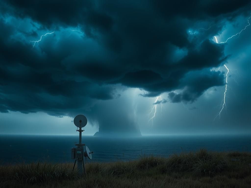 Flick International A powerful storm brewing over a vast ocean with dark clouds and lightning