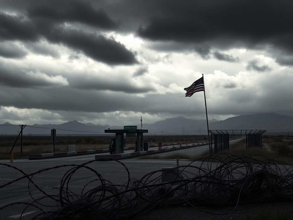 Flick International Dark landscape at the Mexico-U.S. border with customs checkpoint and barbed wire