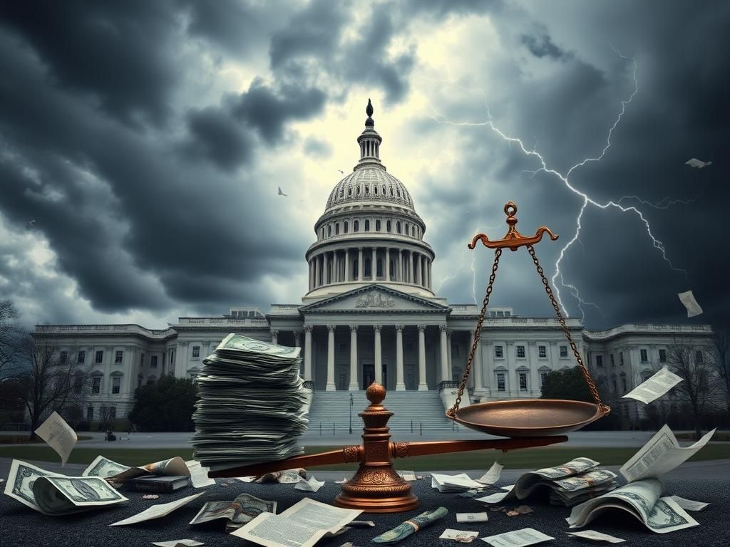 Flick International U.S. Capitol building under stormy sky with broken scale of justice