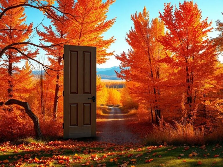 Flick International Autumn landscape of New Hampshire with vibrant foliage and a slightly ajar wooden door symbolizing Chris Sununu's Senate run