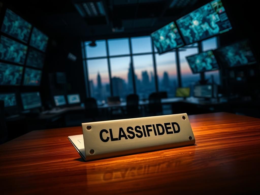 Flick International Darkened office filled with high-tech surveillance equipment and a sealed classified folder on a desk