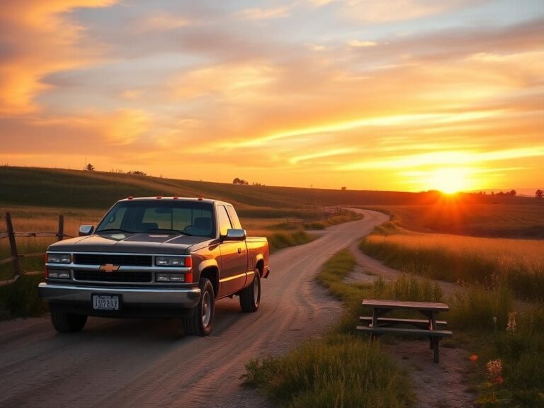 Flick International Classic Chevrolet Silverado truck parked on a dirt road at sunset in a rural landscape