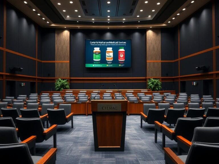 Flick International A polished wooden podium in a modern Senate hearing room with a colorful health infographic