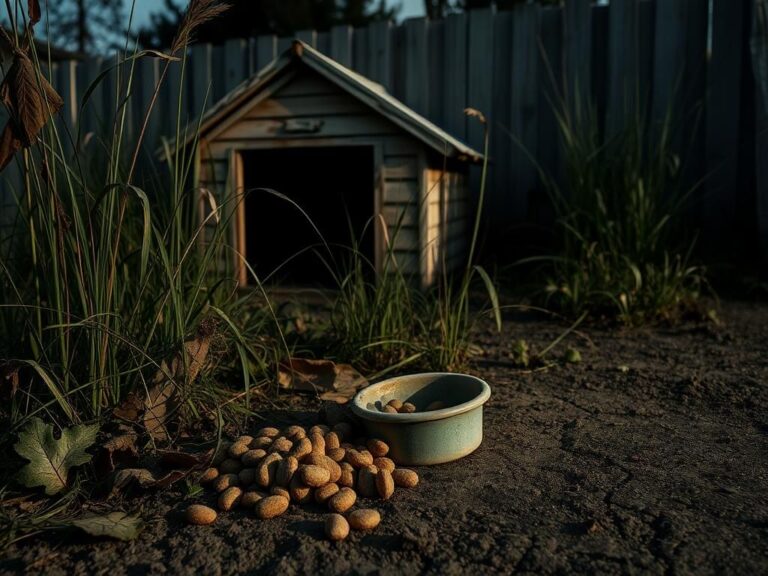 Flick International Empty doghouse in an overgrown backyard illustrating neglect and deprivation