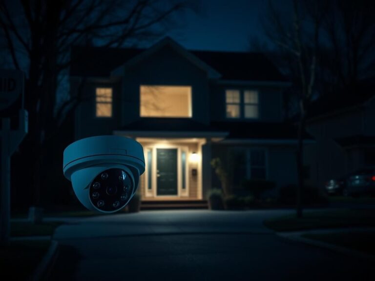 Flick International A dimly lit suburban street highlighting a home with a security system