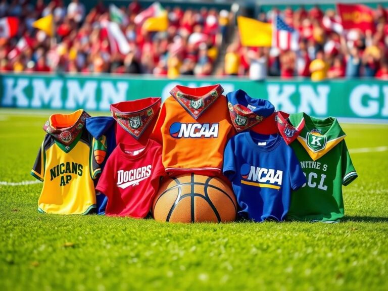 Flick International Assorted pet apparel including jerseys, bandannas, and sweatshirts themed around March Madness displayed on a bright green sports field