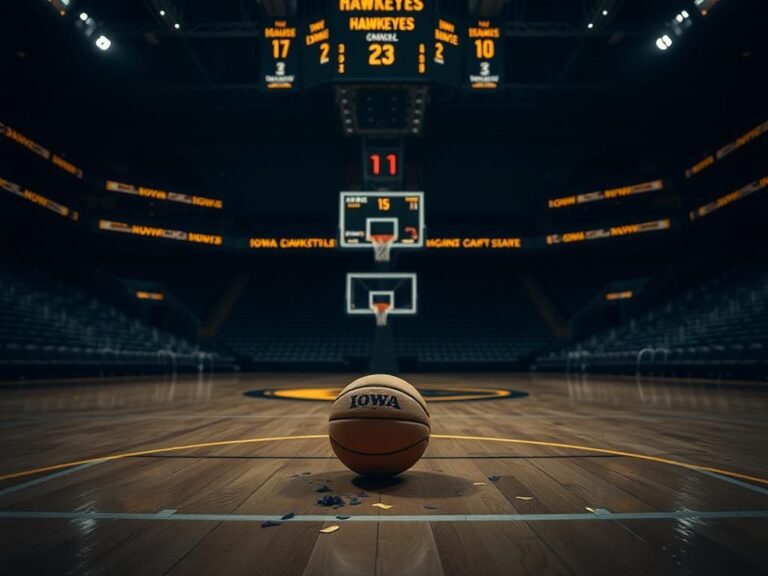 Flick International Empty basketball court with Iowa Hawkeyes branding, symbolizing disappointment after coach's firing