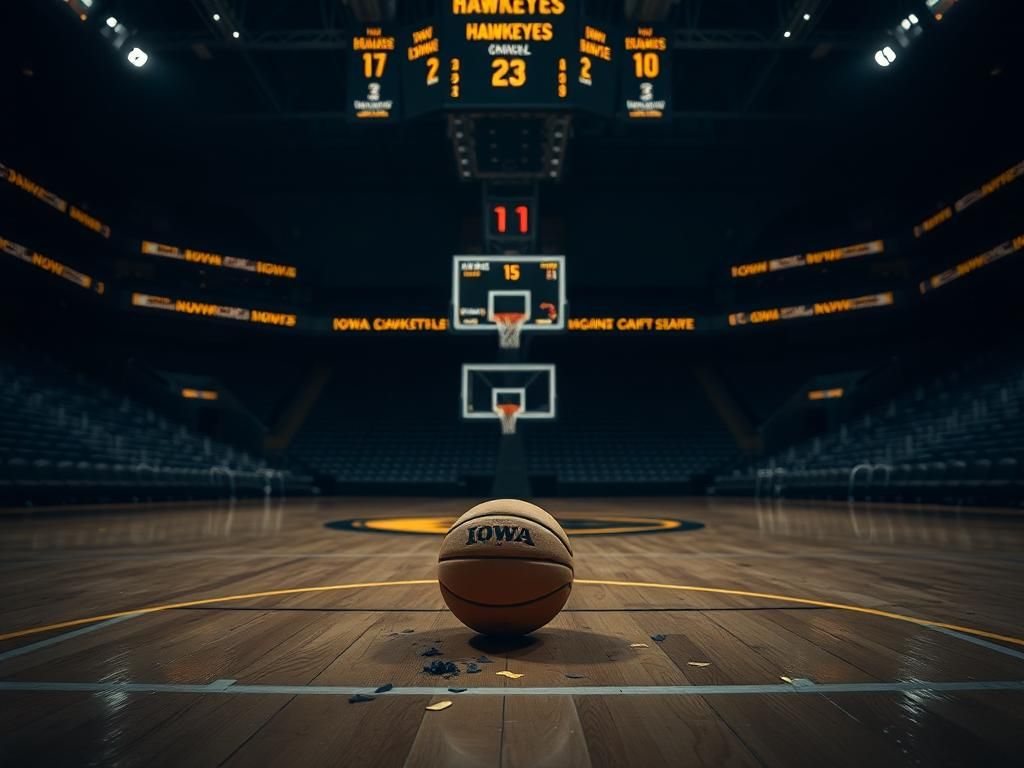 Flick International Empty basketball court with Iowa Hawkeyes branding, symbolizing disappointment after coach's firing