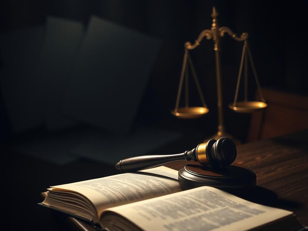 Flick International Dimly lit courtroom with a gavel on a wooden bench symbolizing justice