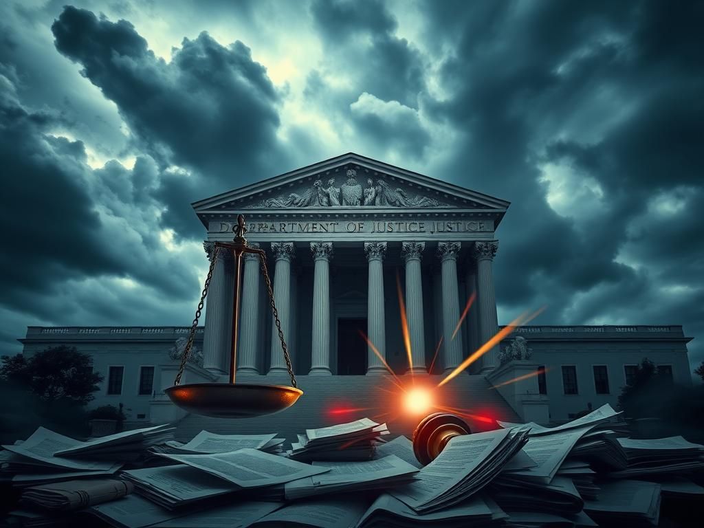 Flick International Dramatic scene of a grand historical building representing the Department of Justice under ominous storm clouds