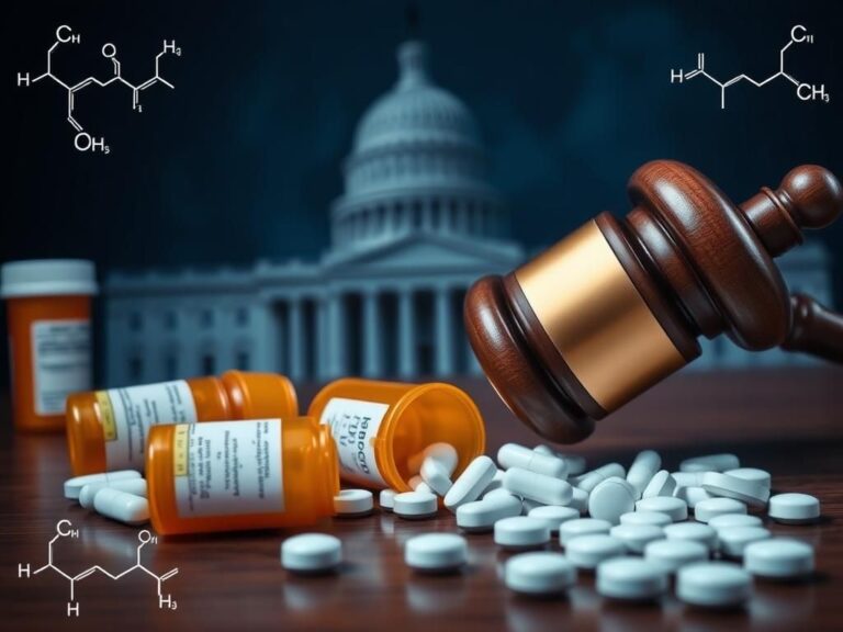 Flick International Close-up of a gavel striking a wooden desk symbolizing legislative action with scattered prescription pill bottles