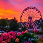 Flick International Serene scene at Dollywood showcasing a beautifully lit Ferris wheel at sunset