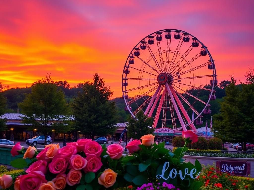 Flick International Serene scene at Dollywood showcasing a beautifully lit Ferris wheel at sunset