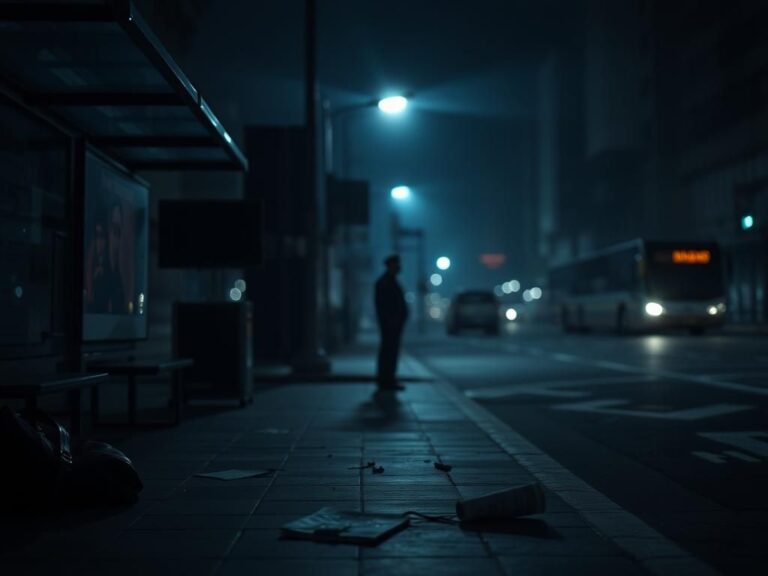 Flick International Dimly lit urban scene at a bus stop in Haifa, Israel, following a terror attack with scattered belongings