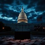 Flick International Dramatic view of the U.S. Capitol at dusk with an empty podium