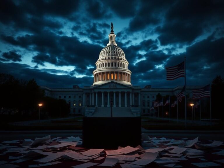 Flick International Dramatic view of the U.S. Capitol at dusk with an empty podium