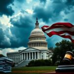 Flick International A dramatic depiction of the U.S. Capitol building under dark storm clouds symbolizing political tension