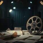 Flick International Dimly lit movie studio with vintage film reel and fluttering script pages