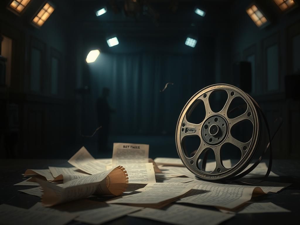 Flick International Dimly lit movie studio with vintage film reel and fluttering script pages