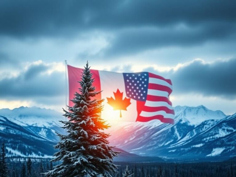 Flick International Frost-covered maple tree in front of the Canadian Rockies with a blurred American flag outline