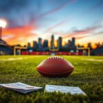 Flick International A football resting on a green grass field with the Pittsburgh skyline in the background