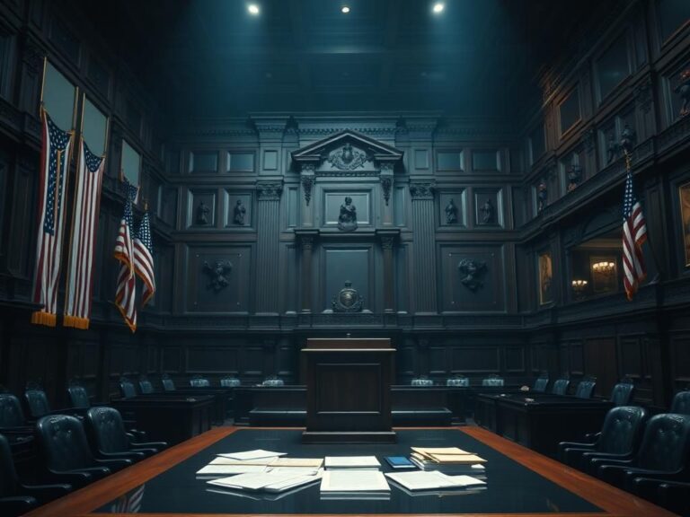 Flick International Grand legislative chamber with empty voting podium and American flags