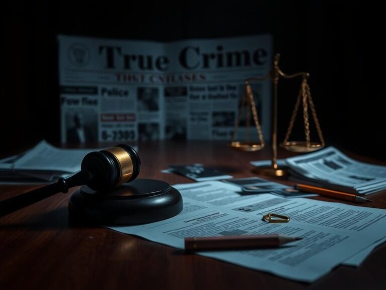 Flick International Dark courtroom scene with gavel, scales of justice, and legal documents