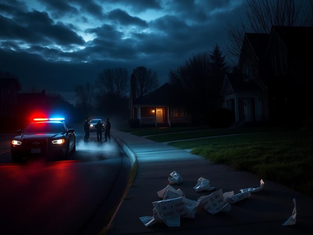 Flick International Police car with flashing emergency lights in a dark suburban neighborhood during a swatting incident investigation