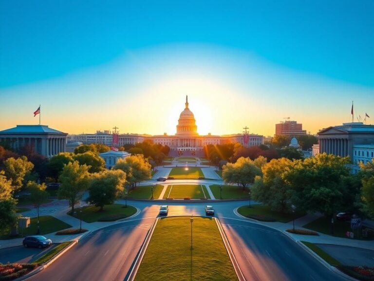 Flick International Sunrise view of Washington, D.C. skyline showcasing the Capitol Building and the White House