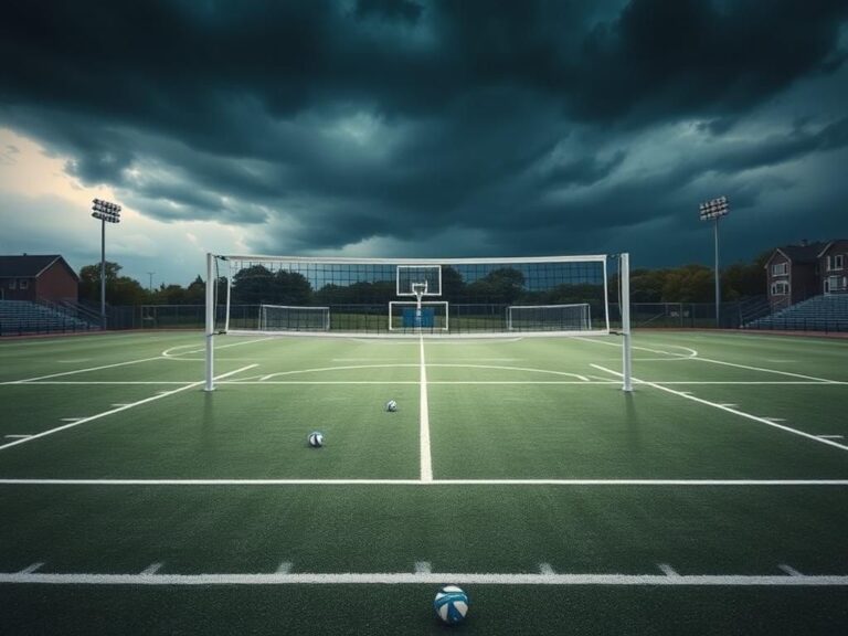 Flick International A women's volleyball net set against a deserted athletic field, symbolizing female athletes' challenges.