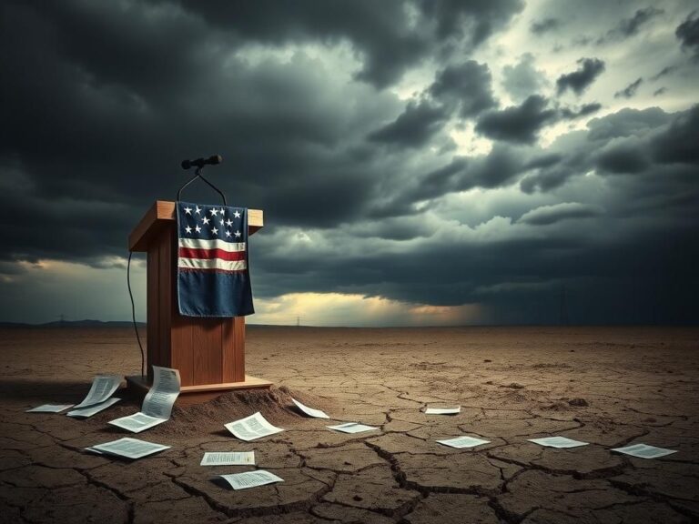 Flick International A worn-out wooden podium draped with a faded Democratic Party flag in a desolate landscape symbolizing political disillusionment