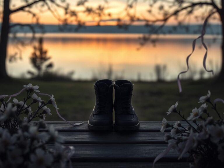 Flick International A pair of shoes symbolizing a lost loved one on a wooden bench by a tranquil lake at sunset