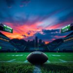 Flick International Empty football stadium under a dusky sky with Seahawks colors and a football on the 50-yard line