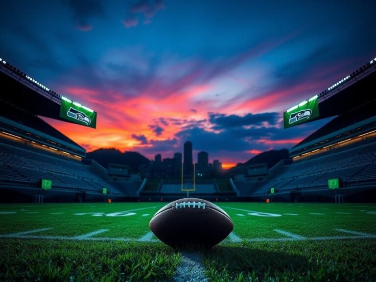 Flick International Empty football stadium under a dusky sky with Seahawks colors and a football on the 50-yard line