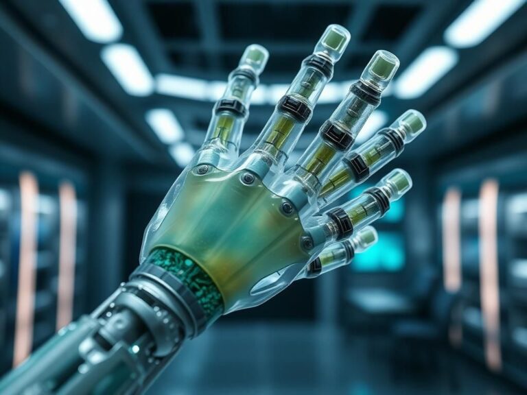 Flick International Close-up view of a futuristic biohybrid robot hand with lab-grown muscle tissue