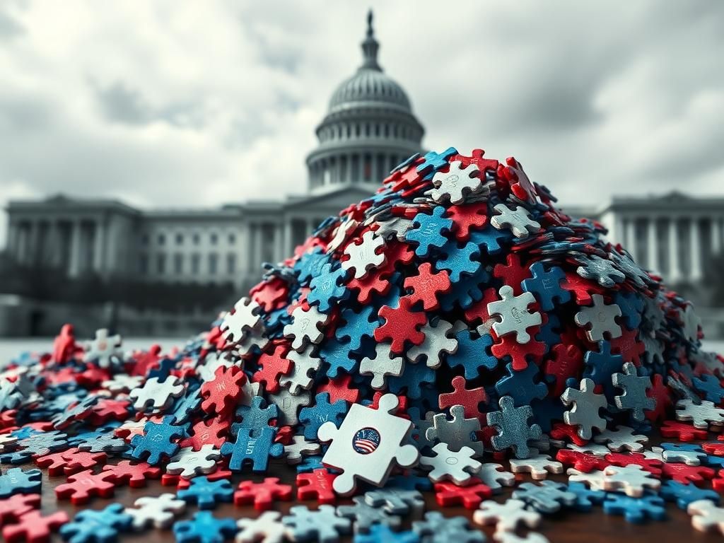 Flick International Colorful puzzle pieces scattered on a chaotic table representing the fractured state of the Democratic Party